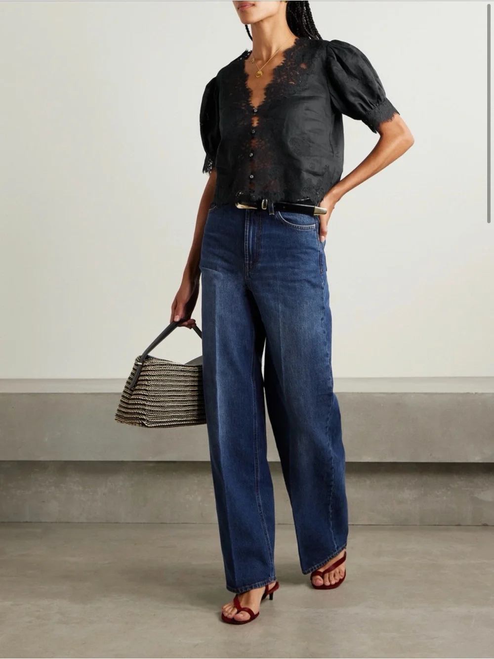 Doen Black Lace-Trim Puff Sleeve Blouse